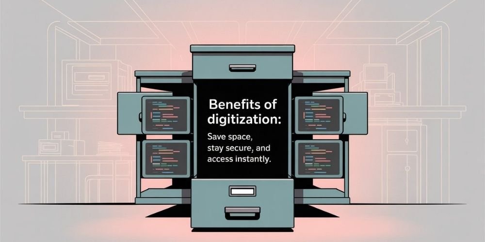 Filing cabinet transforming into digital files with minimal text about benefits