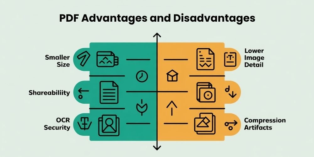 PDF pros: small size, shareable, secure. Cons: lower image detail, compression artifacts. Visual icons illustrate each side.