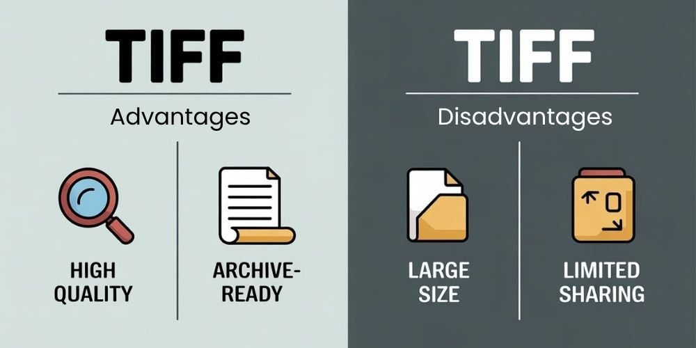 TIFF pros: high quality, archive-ready. Cons: large file size, limited sharing. Icons represent each point.